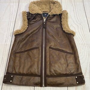 7 For All Mankind Brown Faux Leather Vest with Shearling Trim XS